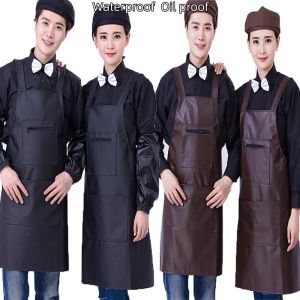 [On Sale]Waterproof Chef Apron for Men Women Thickened PU Apron Modern Oil proof Kitchen Apron for Chef Waiter Cooking Restaurant Baking Adjustable Apron Neck Strap Cafe Waiter Work Apron Oil proof Arm Sleeves Covers