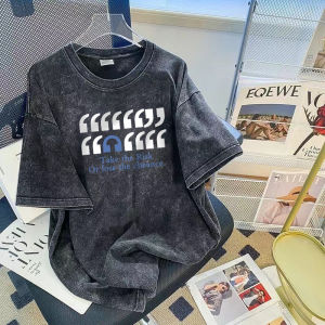 เสื้อยืดแขนสั้นผู้ชายสไตล์อเมริกัน ทรงหลวม ผ้าฝ้ายแท้ คอกลม ทรงหลวม ทรงหลวม เสื้อผ้าทำงานสำหรับฤดูร้อน