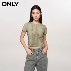 Only Summer Casual Fashion Retro Print Ribbed Short Sleeve T-Shirt Womens round Neck Slim Fit Short Length Viscose Cotton Blend