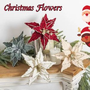 Christmas Poinsettia Artificial Glitter Flower Big Flower Ornaments Christmas Tree Flower Decor for Christmas Party