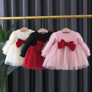 Childrens dress girls Korean version spring and autumn long sleeved butterfly knot mesh dress baby princess dress 0-4Y