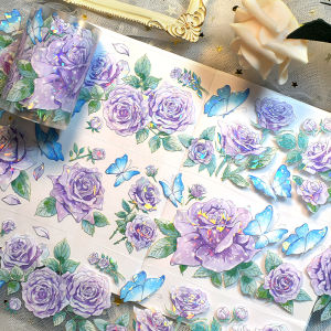 Wubao wenchuang เทปดอกไม้ PET วัสดุพื้นหลังเส้นขอบผ้าลินินไหล DIY แสงเปลือกหอยกุหลาบสติกเกอร์ติดสมุดที่บันทึกด้วยมือภาพตัดปะ