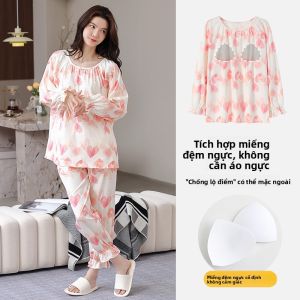 Bộ đồ ngủ nữ MiiOW vải cotton dài tay có đệm ngực viền bèo - mùa hè thu