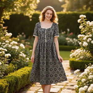 Lace Embroidery Check Small Flowers Square Collar Sleeveless Dress