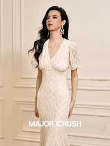 French Elegant Lace Dress with Bubble Sleeves Moon White