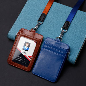 NEW 2023 High Quality Fashion Oil wax Leather Zip Multi-card Slots Staff Office Worker Student Card Holder Badge Access Control Business PU Lanyard Zipper Work Permit