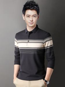 ROMON | Lormen Mens Long Sleeve T-Shirt Business Casual Striped Polo Shirt Youth With Collar Top Spring Autumn Style Standard Fit