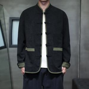 New Spring 2025 Loose Mens Chinese Style Jacket Collarless Button Decorated Long Sleeve Casual Pure Color Crossover Color Shirt