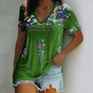 2026 New European & American Womens Summer Collection | Bohemian Printed V-Neck Short Sleeve T-Shirt