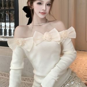 GUZILIAN | French Style Floral Embellished One Shoulder Long Sleeve Womens Shirt Elegant Commuter Look Short Style Trendy Spring Autumn