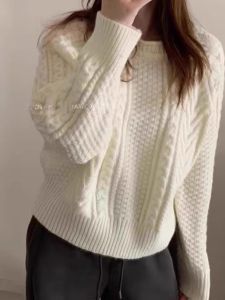 Korean Style round Neck Twist Soft Thickened Short Loose High-End Knitted Sweater Womens Autumn Winter Warm Long Sleeve Base Shirt
