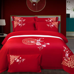 100% Cotton Chinese Style Red Wedding Bedding 4-Piece Set for 2m Beds