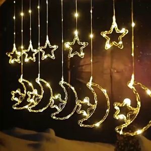 2024 Hari Raya 4.5m Moon Star Fairy lights for Room decor Leather thread Curtain led light strip Connectable Decoration lights 8 modes Lampu Raya