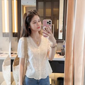 PAIBOLI | Áo Blouse Mùa Hè Cổ V Đính Ren Dễ Thương Kích Cỡ Lớn