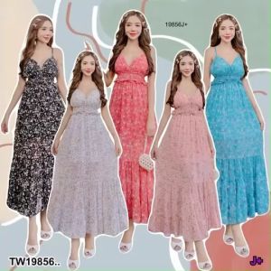 TW19856 เดรสยาว แขนกุด สายถักไขว้ด้านหลัง