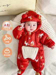 เสื้อแจ็คเก็ตผ้าฝ้ายหนาสำหรับเด็กชาย ฤดูหนาว สีแดง เสื้อคลุมกันหนาว อบอุ่น ปกขนสัตว์ แขนยาว ปิดด้วยซิป ทรงหลวม สำหรับเด็กอายุ 6-36 เดือน