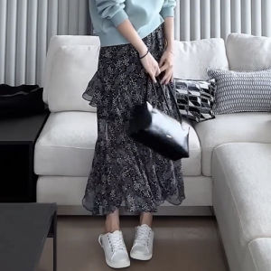 Meiya [In Stock] Step-by-Step Floral Skirt Retro Micro-Transparent Chiffon Printing a-Word Lotus Leaf Beveled Dress