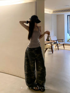 Loose Wide Leg Camouflage Pants High Waist Workwear Style Early Autumn Womens Jeans Loose Fit Straight Cut Slimming Effect