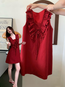 Karrar betsey | Holly Lace Ruffled V-Neck Red Sleeveless Summer Dress
