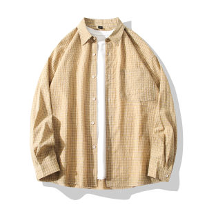 Leorman Vintage Japanese Style Slim Plaid Shirt Mens Spring Autumn Couples College Style Long Sleeve Button up Outerwear