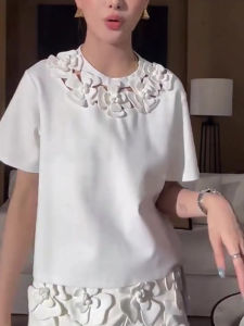 Heavy Embroidery Hollow out Short Sleeve T-Shirt Womens Summer New Loose Slimming Versatile Top Korean Style Casual Wear