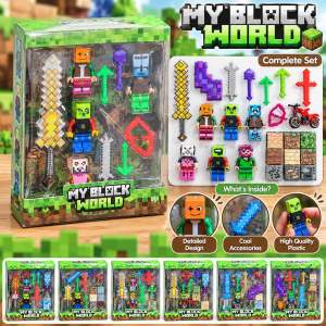 Pixel Block World Toy Set with Colorful Swords Tools & Mini Figures – Kids Gift Toy