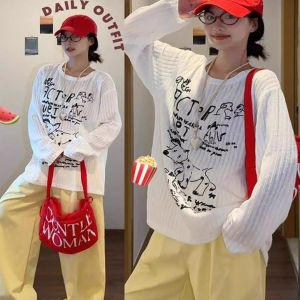 Áo Thun Tay Dài Phong Cách Hàn Quốc Họa Tiết Hoạt Hình Mèo Dễ Thương Dành Cho Nữ Dáng Rộng Chất Liệu Cotton Mùa Thu