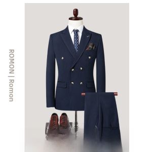 ROMON | Lormen Mens Business Casual Wedding Suit Single-breasted Double-Button Standard Fit Polyester Blend Wedding Outfit