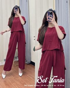 One set Tania/ setelan wanita terbaru ukuran standar / pakaian santai dan piyama tidur / setelan kekinian bahan crinkle melar