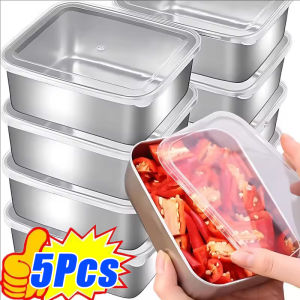 5pcs Stainless Steel Food Storage Containers with Lid / Thickened Freshing Lunch Box Container / Steel Food Storage Pan / Refrigerator Frozen Crisper / Household Kitchen Food Organizer
