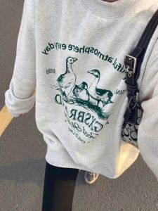 โอเวอร์ไซส์ ไม่มีฮู้ด เสื้อสเว็ตเชิ้ต ผู้หญิง ฤดูใบไม้ผลิ ฤดูใบไม้ร่วง หลวม สไตล์เกาหลี แจ๊กเก็ตบางขี้เกียจสบาย ผ้าฝ้าย คอกลมแขนยาว