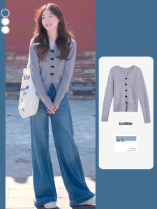 Áo Len Dệt Kim Cổ Chữ V Màu Xám Phong Cách Hàn Quốc Dành Cho Nữ Áo Len Dài Tay Ôm Vừa Vặn Mặc Thường Ngày Mùa Thu 2024