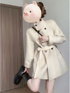 CHANGTONG | Stylish Short Waist-Tie Wool Coat
