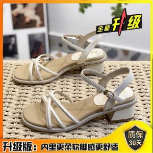 Womens Sandals 2025 New Style Fairy Wind Thick Heel Buckle Strap Fashionable Genuine Leather Roman Shoes Low Help Casual