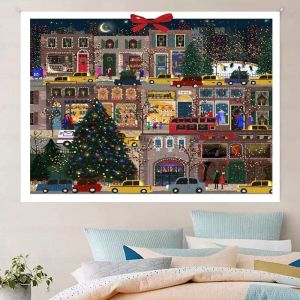 VIKAMA Christmas Living Room City View Wall Tapestry Big Window Tree Bookshelf Sofa Staircase Gift Cozy Holiday Home Decor Funny