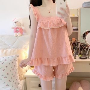 Áo Ngủ Cotton Mùa Hè Cho Nữ Áo Sơ Mi Không Tay Họa Tiết Kẻ Caro Quần Áo Mặc Nhà Dễ Thương Chất Liệu Polyester Và Lycra