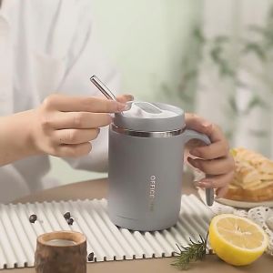 Cốc ly uống cà phê trà đa năng 2 lớp trong inox 304 ngoài nhựa PP dung tích 500ml kèm ống hút