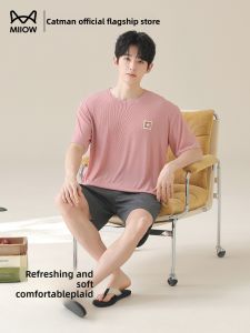 Miiow | Cat Man Cool Sensation Thread Sleepwear Mens Casual Wearable Round Neck Home Clothes Set Summer Lightweight Short Sleeve