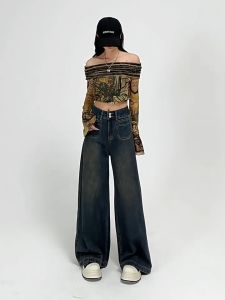 Vintage Loose Jeans Wanita Celana Highwaist Baggy Pants Celana Retro Biru Denim Jumbo Wanita