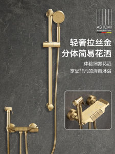 High-End Brushed Gold Shower Head Set for Home Use Full Copper Separate Bathroom Pressure Boosting Bathing round Shape Wall Mounted