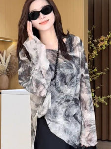 chaqi | 2025 New Womens Long Sleeve Sun Protection Shirt Casual Loose Fit French Lazy Style Top Water-Based Ink Diffusion Design