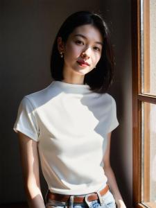 Basic House Ladies Slim Fit Short Sleeve T-Shirt Half High Collar Casual Commute Style Inner Wear Top for Women