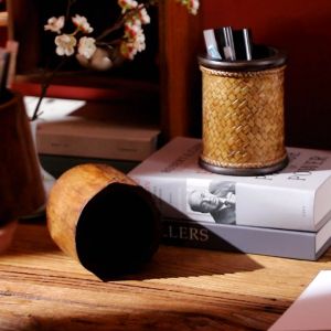 ไม้ทึบปากกากระบอกวินเทจทำเก่าโฮมออฟฟิศโต๊ะของขวัญเครื่องประดับกล่องเก็บปากกาไม้แกะสลักกล่องเก็บปากกาภาไม้ไผ่