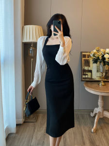 ชุดเดรสสีดำสไตล์ฝรั่งเศส กระโปรงทรงเอเข้ารูป แขนยาว ผ้าไหม ทรงเอ ทรงเข้ารูป ฤดูใบไม้ร่วง 2025 ชุดทำงาน