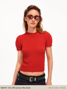 Special Textured Yarn Half High Collar Curled Hem Vintage Breathable Bubble Sleeve Blouse