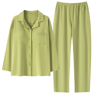 MiiOW | ชุดนอนผู้หญิงผ้าฝ้ายแท้แขนยาว กางเกงขายาว ฤดูใบไม้ผลิและฤดูใบไม้ร่วง พร้อมแผ่นเสริมหน้าอก ชุดอยู่บ้านแบบสวมหัว ชุดนอนผ้าฝ้ายแท้