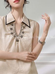 PlumJan | Áo Sơ Mi Không T Tay Lấp Lánh Đối Chiếu Màu Cao Cấp Elegent Rộng Thoáng Hè