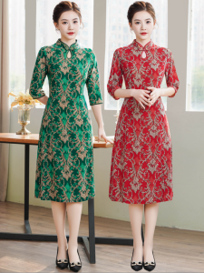 Elegant Mid-Length Qipao Dress Womens Vintage Fashion Spring Summer Seven-Quarter Sleeve Wind Flag Dress Mommys Clothing