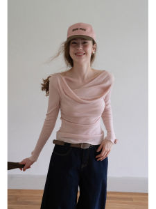 French Flutter Neckline Long Sleeve Off-Shoulder Pink Slim Fit Autumn Sweater