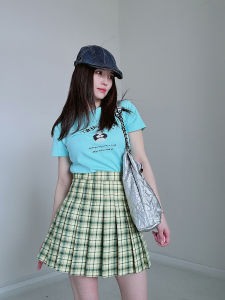Váy Ngắn Kẻ Caro American Retro Cạp Cao Màu Vàng Xanh Lá Cây Cho Nữ Mùa Hè 2024 Váy Ngắn Xếp Ly Thời Trang Đa Năng